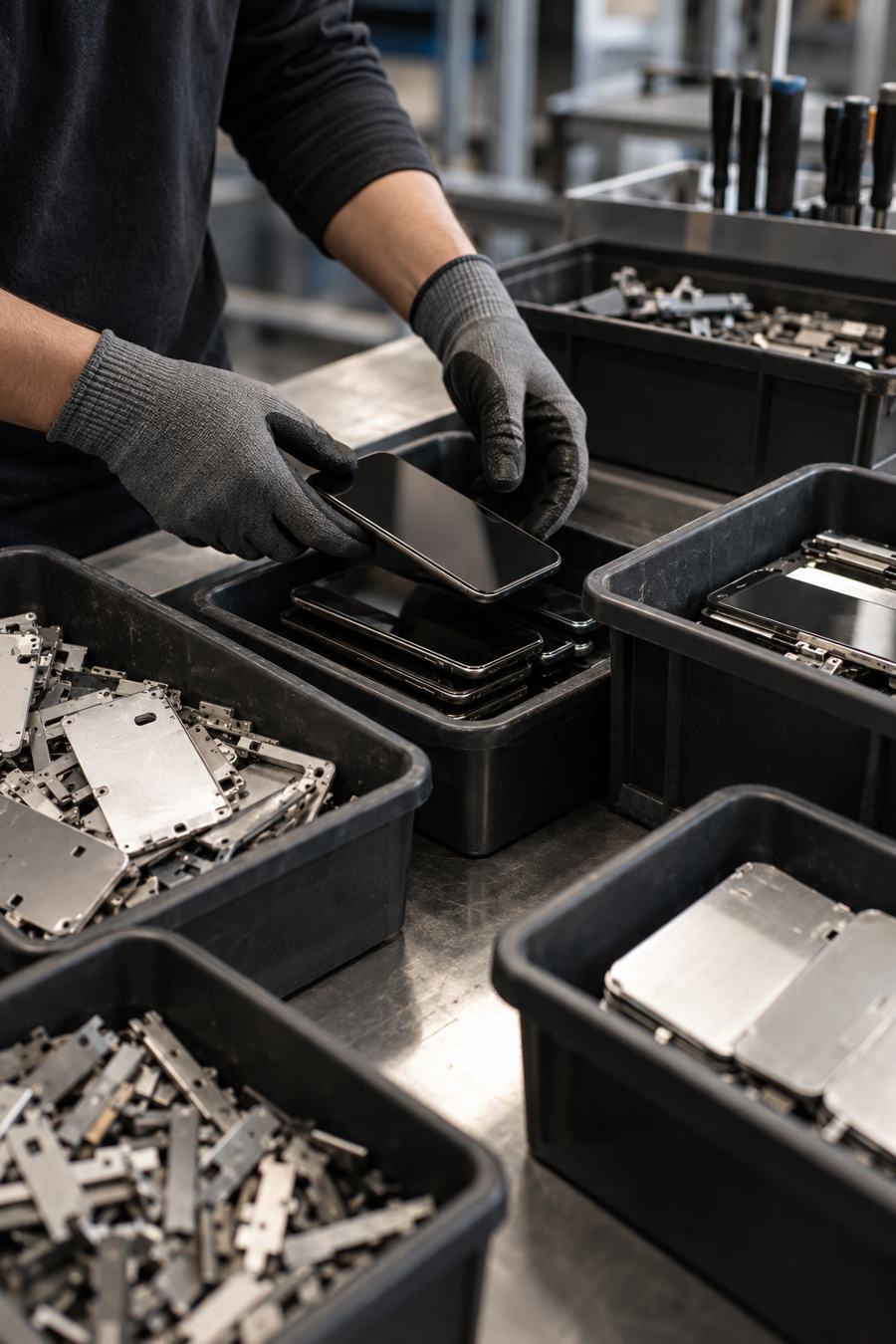Apple devices being carefully sorted for recycling
